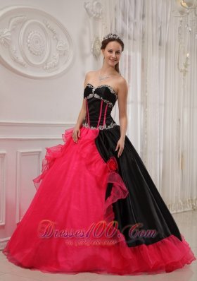 Red and Black Sweetheart Satin and Organza Quinceanera Dress