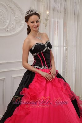 Red and Black Sweetheart Satin and Organza Quinceanera Dress