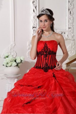 Red and Black Organza Appliques Ball Gown Dress for 15