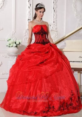 Red and Black Organza Appliques Ball Gown Dress for 15