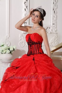 Red and Black Organza Appliques Ball Gown Dress for 15