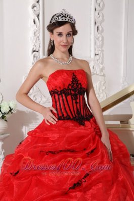 Red and Black Organza Appliques Ball Gown Dress for 15