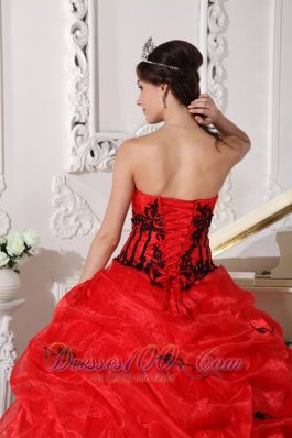 Red and Black Organza Appliques Ball Gown Dress for 15