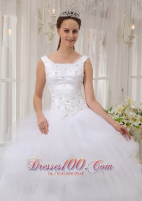 White Scoop Quinceanera Dress Satin and Organza Appliques