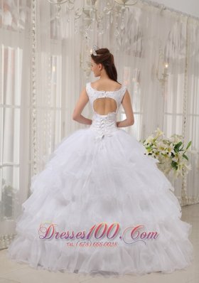 White Scoop Quinceanera Dress Satin and Organza Appliques