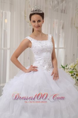 White Scoop Quinceanera Dress Satin and Organza Appliques