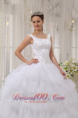 White Scoop Quinceanera Dress Satin and Organza Appliques