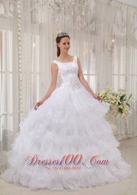 White Scoop Quinceanera Dress Satin and Organza Appliques