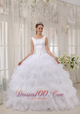 White Scoop Quinceanera Dress Satin and Organza Appliques