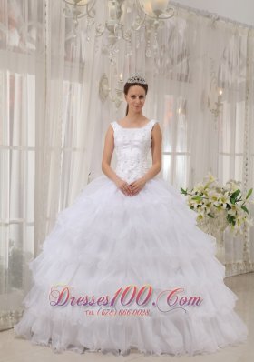 White Scoop Quinceanera Dress Satin and Organza Appliques