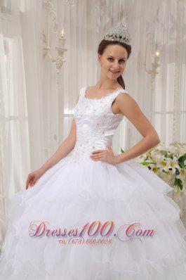 White Scoop Quinceanera Dress Satin and Organza Appliques