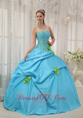 Taffeta Beading and Hand Flowers Baby Blue Quinceanera Dress