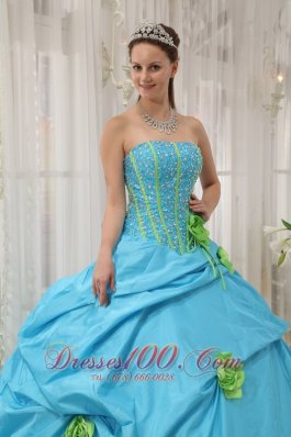 Taffeta Beading and Hand Flowers Baby Blue Quinceanera Dress