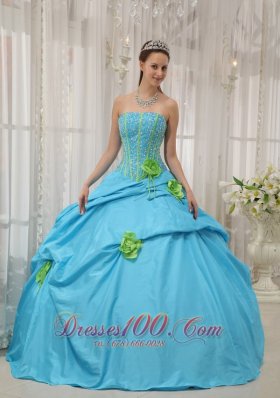 Taffeta Beading and Hand Flowers Baby Blue Quinceanera Dress