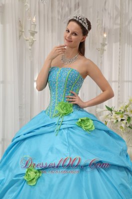 Taffeta Beading and Hand Flowers Baby Blue Quinceanera Dress