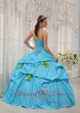 Taffeta Beading and Hand Flowers Baby Blue Quinceanera Dress