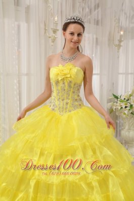 Ball Gown Taffeta and Organza Beading Yellow Quinceanera Dress