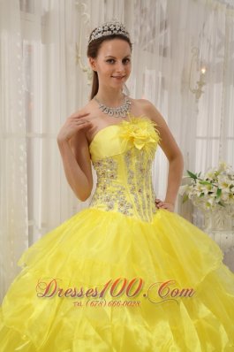 Ball Gown Taffeta and Organza Beading Yellow Quinceanera Dress