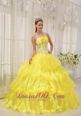 Ball Gown Taffeta and Organza Beading Yellow Quinceanera Dress