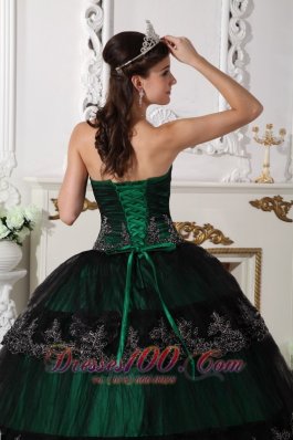 Dark Green Dresses for Quince Ball Gown Taffeta and Tulle Appliques