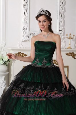 Dark Green Dresses for Quince Ball Gown Taffeta and Tulle Appliques