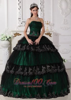 Dark Green Dresses for Quince Ball Gown Taffeta and Tulle Appliques