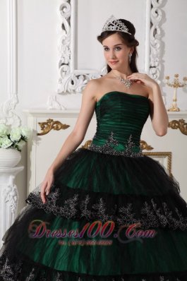 Dark Green Dresses for Quince Ball Gown Taffeta and Tulle Appliques