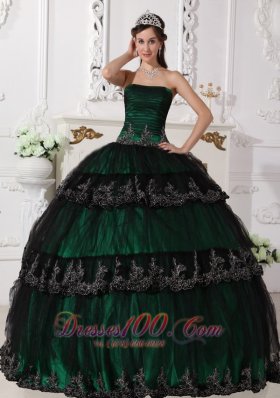 Dark Green Dresses for Quince Ball Gown Taffeta and Tulle Appliques