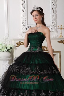 Dark Green Dresses for Quince Ball Gown Taffeta and Tulle Appliques