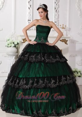 Dark Green Dresses for Quince Ball Gown Taffeta and Tulle Appliques