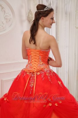 Taffeta and Tulle Orange Red Quinceanera Dress Appliques