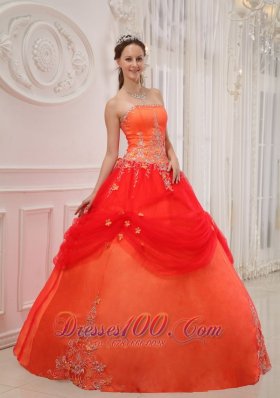 Taffeta and Tulle Orange Red Quinceanera Dress Appliques