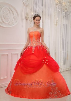 Taffeta and Tulle Orange Red Quinceanera Dress Appliques