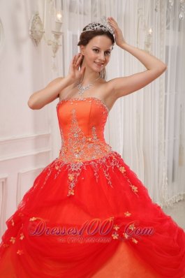 Taffeta and Tulle Orange Red Quinceanera Dress Appliques