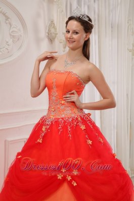 Taffeta and Tulle Orange Red Quinceanera Dress Appliques