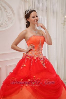 Taffeta and Tulle Orange Red Quinceanera Dress Appliques