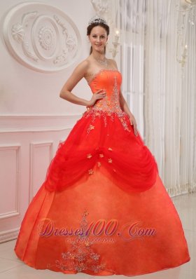 Taffeta and Tulle Orange Red Quinceanera Dress Appliques