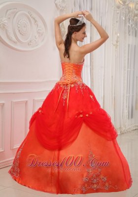 Taffeta and Tulle Orange Red Quinceanera Dress Appliques