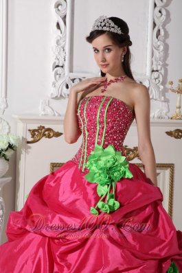 Beading and Flowers Hot Pink Taffeta Quinceanera Dress