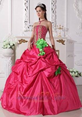 Beading and Flowers Hot Pink Taffeta Quinceanera Dress