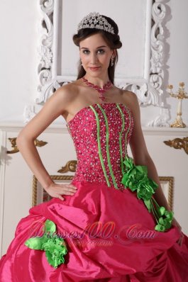 Beading and Flowers Hot Pink Taffeta Quinceanera Dress