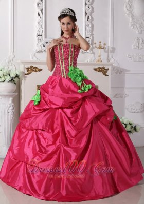 Beading and Flowers Hot Pink Taffeta Quinceanera Dress