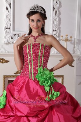 Beading and Flowers Hot Pink Taffeta Quinceanera Dress