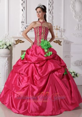 Beading and Flowers Hot Pink Taffeta Quinceanera Dress