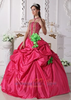 Beading and Flowers Hot Pink Taffeta Quinceanera Dress