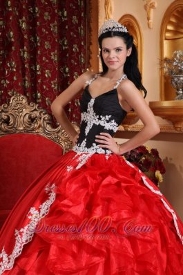 Red and Black V-neck Taffeta and Organza Appliques Dress for 16