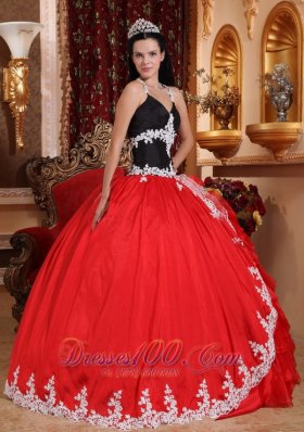 Red and Black V-neck Taffeta and Organza Appliques Dress for 16