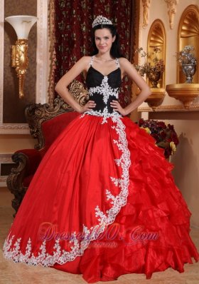 Red and Black V-neck Taffeta and Organza Appliques Dress for 16