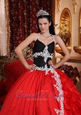 Red and Black V-neck Taffeta and Organza Appliques Dress for 16