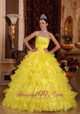 Yellow Organza Beading Ruffled Dress for Quinceanera